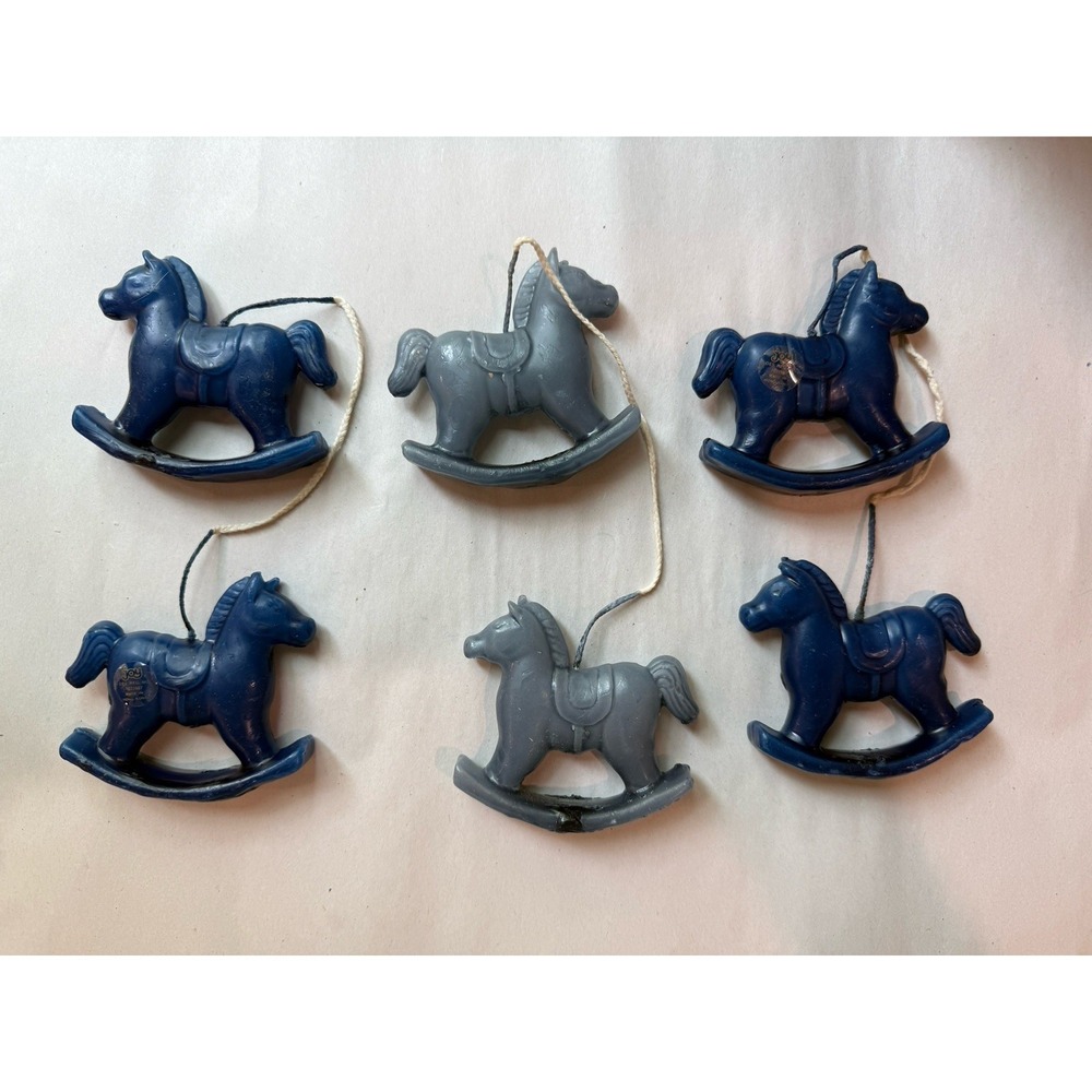 Lot of 6 VTG Joy Rocking Horse Wax Candles Cobalt & Pale Blue Cake Toppers NOS